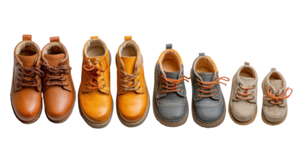 schoolshoes, shoes, kids, children, students, footwear, Set of school shoes in different sizes for all age groups on white background