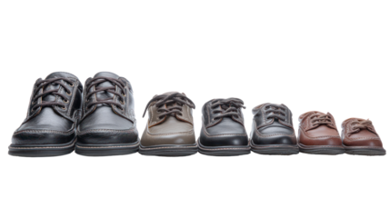 schoolshoes, shoes, kids, children, students, footwear, Set of school shoes in different sizes for all age groups on white background