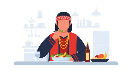 Culturally diverse individual in traditional dress enjoys a nutritious salad in a contemporary kitchen, illustrating healthy lifestyle and global cuisine.