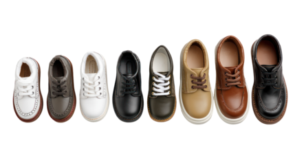 schoolshoes, shoes, kids, children, students, footwear, Set of school shoes in different sizes for all age groups on white background