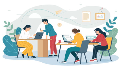Modern office team collaborating efficiently on laptops. Illustrates productivity, teamwork, and innovation in a contemporary business environment. Ideal for corporate and startup concepts.