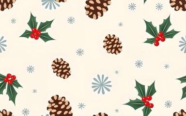 Festive winter holiday seamless pattern with pine cones holly berries and snowflakes on a light background. High quality