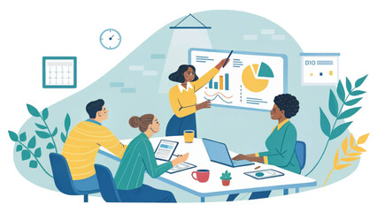 Diverse business team collaborating in a modern office meeting, discussing data and strategy for growth and success. Ideal for corporate, finance, and training content.