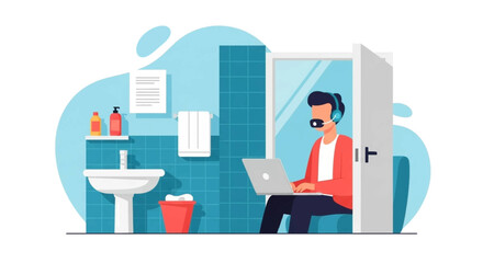 Man works on laptop with headset from a bathroom, depicting remote work challenges, privacy issues, and the blurred lines of home office.