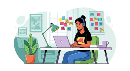 Happy young woman working remotely from her home office, focused on her laptop with headphones on. Represents modern productivity and flexible work arrangements.