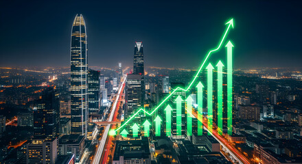 Vision of economic prosperity showing a digital graph overlay on a modern city skyline, a snapshot of future business growth.