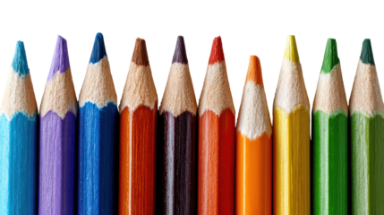 Set of sharpened colored pencils arranged in a gradient on white background