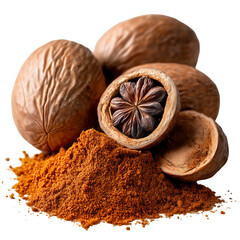 Nutmeg spice culinary ingredient food flavoring aromatic flavor brown seed whole isolated on transparent background, png