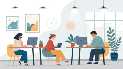 Professionals collaborate in a modern, bright office, highlighting teamwork, innovation, and a dynamic work environment.