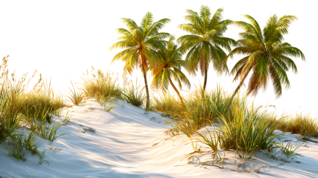 Paradise beach scene with swaying palm trees and sunlit sand dunes, evokes tropical vacation