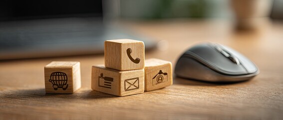 Wooden blocks with contact icons near a computer mouse on a desk