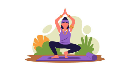 Fototapeta premium Young woman practices yoga in a focused squat pose on a mat outdoors, promoting wellness, balance, and a healthy lifestyle. Ideal for fitness, meditation, and healthy living concepts.
