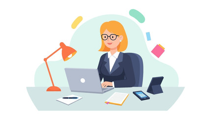 Smiling businesswoman working on a laptop at her desk, showcasing productivity and remote work. Perfect for modern business concepts.