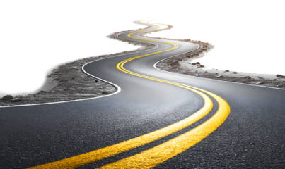 Winding road with yellow lines, symbolizing journey, progress, and adventure, leading towards success