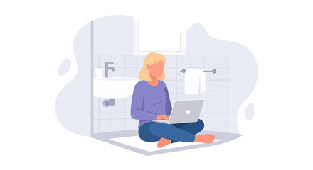 Woman working remotely on a laptop in a relaxed, unconventional home setting, illustrating flexibility and modern work-life balance.