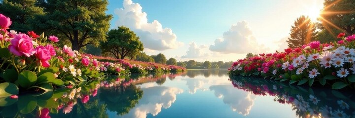 Mirror shows sky, garden's colorful flowers gleam , blossom, mirror