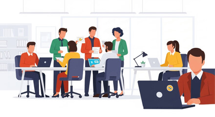 Diverse business team collaborating in a modern office meeting, discussing strategy and working on laptops. Concept of teamwork, productivity, and corporate success.