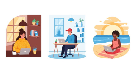 Remote work concept: diverse people effectively working from home, modern office, and beach, embracing flexible lifestyles globally.