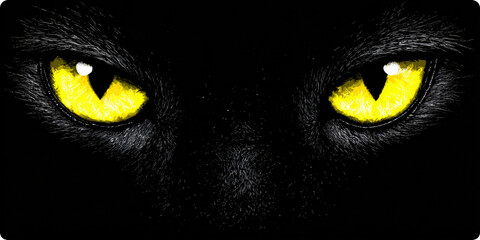 Mysterious Black Cat Eyes Glow Vivid Yellow Wild Feral Expression Alert Intense Predator Face Stare Silhouette Night Detailed Features Furry Feline 