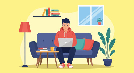 Young man comfortably working or studying on a laptop from his home sofa. Ideal for concepts of remote work, online learning, or a relaxed digital lifestyle.