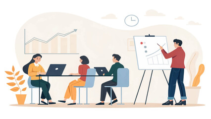 Business team meeting, analyzing charts and discussing growth. Productive collaboration in a corporate setting.