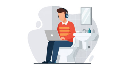 Man with headphones using a laptop on the toilet in a bathroom. Illustrates remote work, multitasking, and finding unique office spaces.