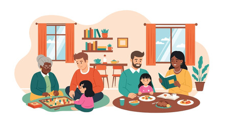Multi-generational family enjoying quality time at home. One group plays board games, while another shares a meal and reads, depicting comfort and togetherness.