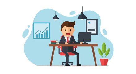 Smiling businessman confidently working at his office desk, symbolizing productivity, financial growth, and successful career development.