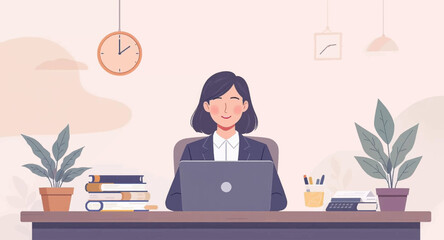 Smiling professional woman working remotely on laptop in a calm, modern home office, symbolizing productivity, online learning, and comfort.