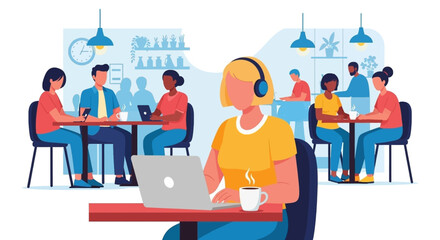 Diverse individuals engaged in remote work and social interaction within a modern cafe or co-working space, highlighting flexible work and digital lifestyle.