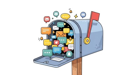 Mailbox overflowing with digital communication icons and messages