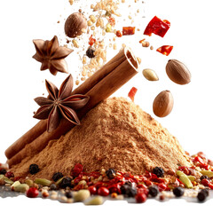 Aromatic spices cinnamon star anise nutmeg powder for cooking baking recipes isolated on transparent background, png