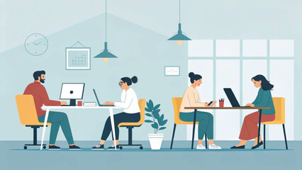 Diverse professionals focused on their tasks in a modern co-working office. Represents productivity, teamwork, and a contemporary business environment.