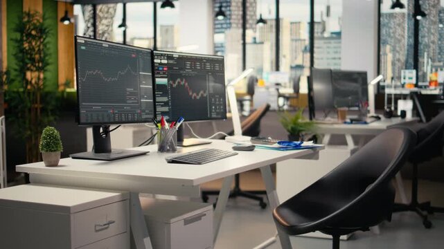 Trading software in proprietary firm office with candlestick graphs on PC screens. Desktop computers on desk used by financial experts tracking stock market activity using analytical tools