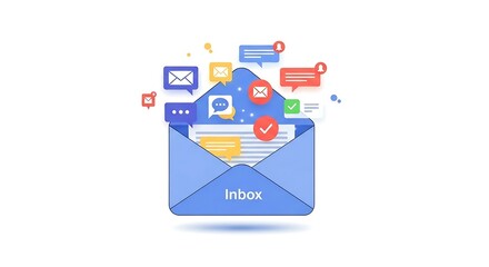Stylized illustration of an open blue envelope with messages and notifications inside