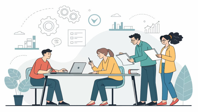 Collaborative team working efficiently in a modern office, engaged in strategic planning and business development. Ideal for corporate, technology, and success concepts.