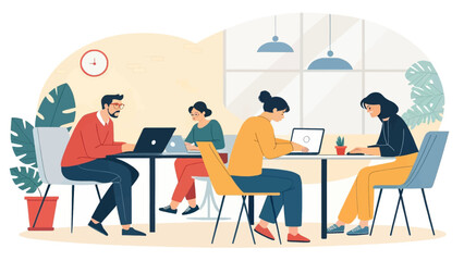 Diverse team collaborating productively on laptops in a modern, bright office or coworking space. Ideal for business, technology, and teamwork concepts.
