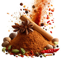 Aromatic spices cinnamon star anise nutmeg and pepper for gourmet cooking use isolated on transparent background, png