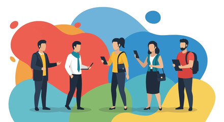 Diverse group of people engaging with various digital devices on a vibrant, abstract background, representing modern communication and technology use.