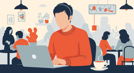 Focused person working on laptop in a vibrant cafe, showcasing modern remote work and a productive digital lifestyle. Ideal for business, technology, and freelance concepts.