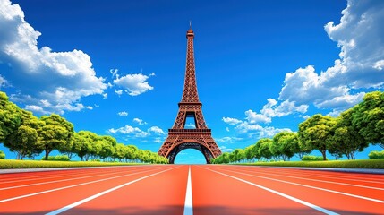 Eiffel Paris athletics track sports illustration. Landmark tower in cityscape. Athletics race in Paris, competition destination, tourism concept, vibrant recreation, urban travel, famous environment.