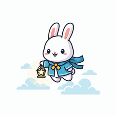 Adorable white bunny in blue sailor coat holding star lantern floating among clouds in sky