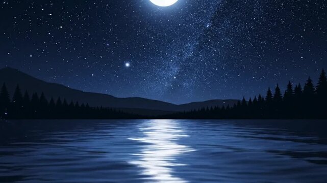 Serene Moonlit Lake: Night Sky, Stars, Milky Way, Tranquil Nature