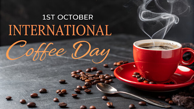 International coffee day october first celebrate coffee beans and hot coffee in a red cup image - Powered by Adobe