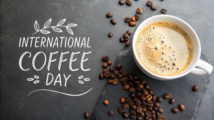 International coffee day celebration with coffee cup and beans on dark background for coffee lovers