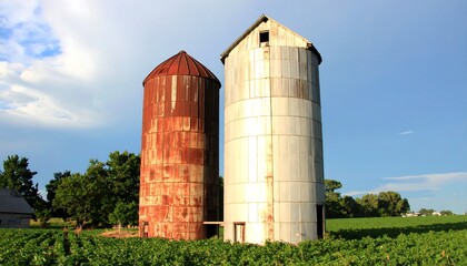 Two weathered grain silos stand tall in a rural landscape.