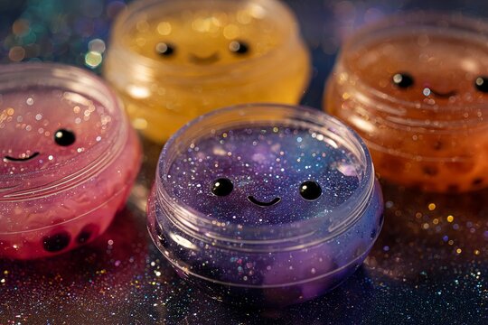 Whimsical Bubble Tea Cups Smiling in Space: Enhanced Digital Illustration