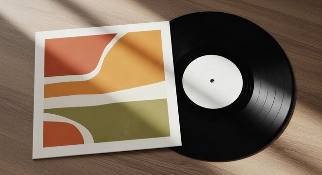 Retro Vinyl Record with Abstract Cover Art and Warm Sunlight Shadows-Mockup