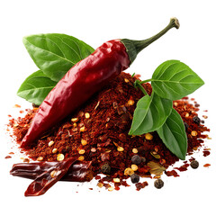 Red chili pepper powder flakes with basil leaves and peppercorns still life isolated on transparent background, png