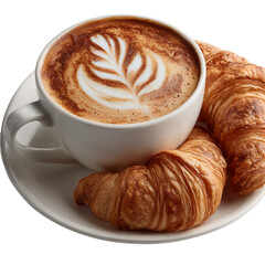 Cappuccino with latte art and fresh croissants breakfast food photography isolated on transparent background, png